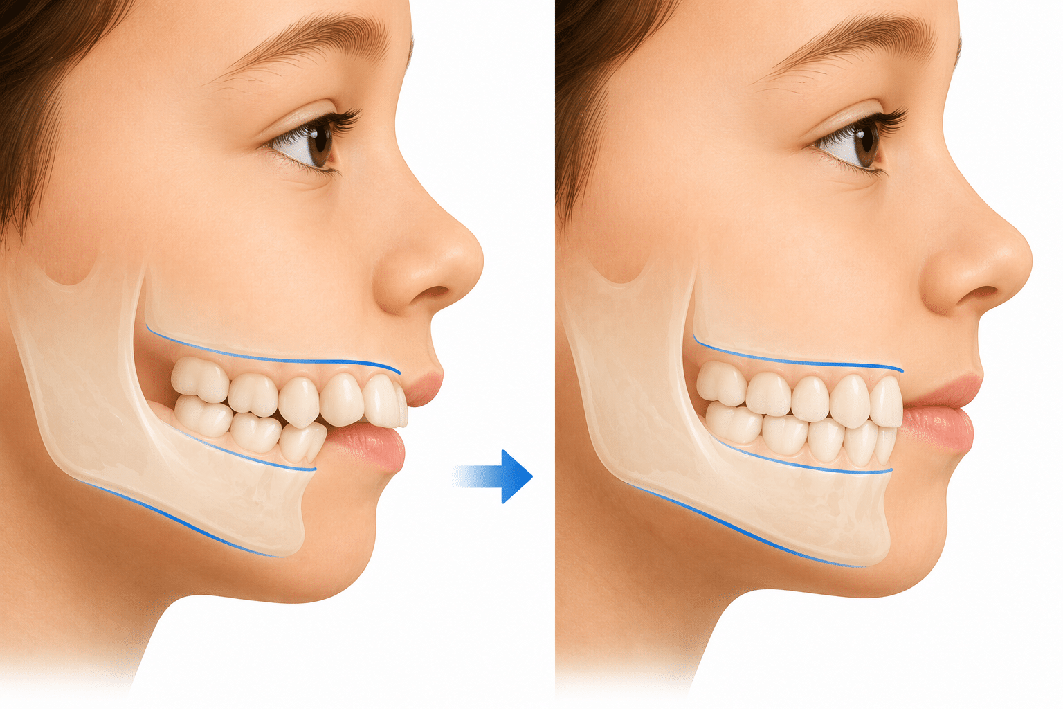 Illustration showing improved bite alignment and jaw function after orthodontic treatment